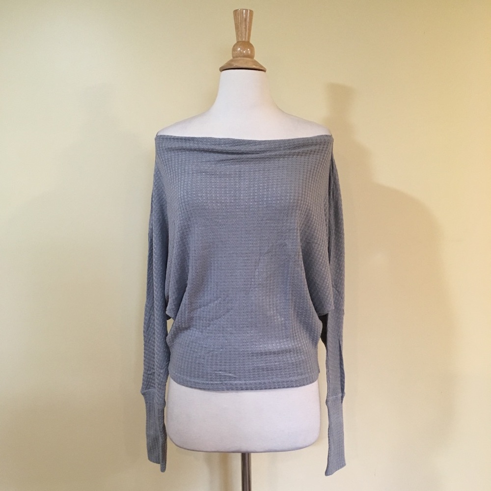 Off Shoulder Soft Stretchy Waffle Knit Sweater Top Grey - Picture 2 of 4